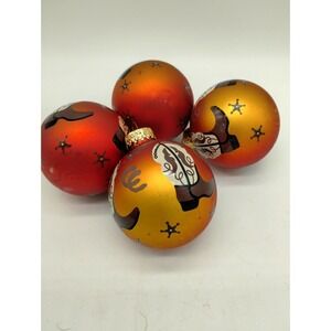 Set Of 4 Red Orange Ombre Christmas Glass Balls Cowboy Boots South Western 2.5"